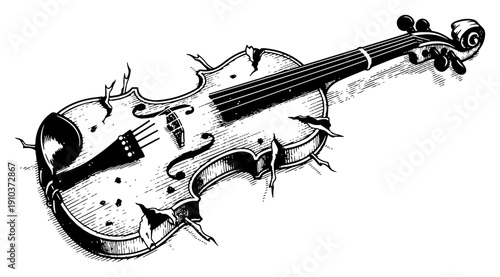 Detailed engraving of a broken vintage violin with splinters in black and white style