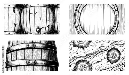 Collection of wooden barrel and timber textures in detailed engraving style