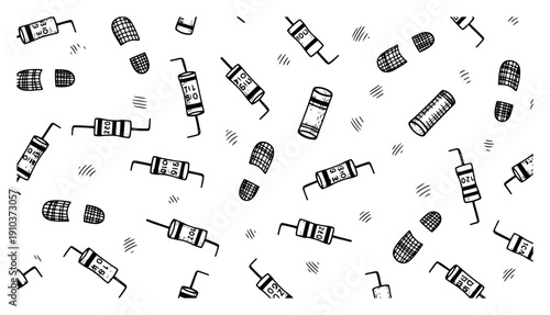 Scattered electronic components and boot prints in a hand drawn doodle style