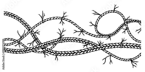 Heavy twisted frayed ropes and cables in a detailed vintage engraving style