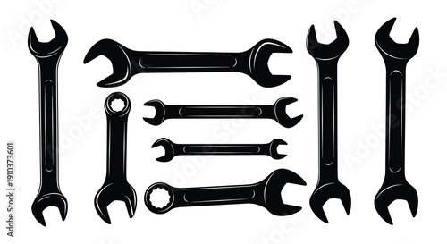 A collection of black wrenches and a single bolt arranged in a pattern on transparent background silhouette high quality professional detailed