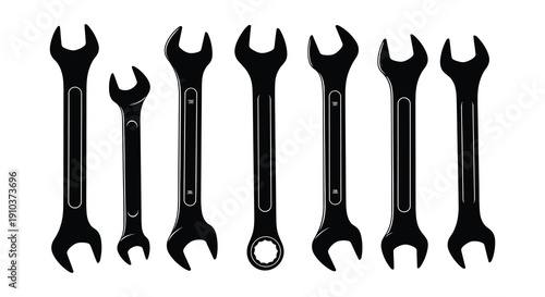 A collection of six black wrenches displayed in a row ideal for design work on transparent background silhouette high quality professional