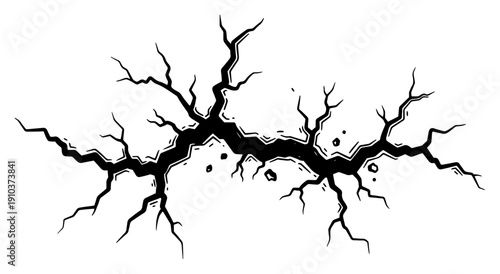 Large jagged deep cracks spreading across surface in hand drawn high contrast style