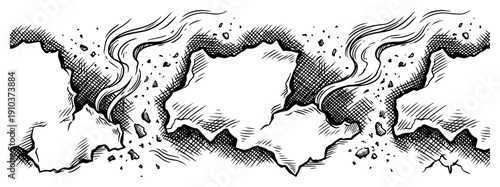 Hand drawn engraving style illustration of an exploding ground with debris and smoke trails