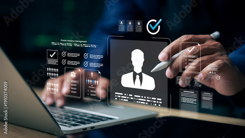 Human resource management interface showing candidate profile, recruitment checklist, and team analytics on laptop. online hiring, and talent management.