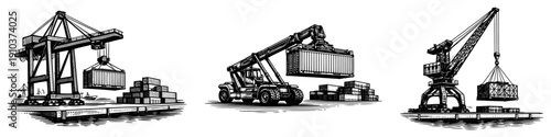 Port container handling equipment featuring gantry crane and reach stacker in detailed woodcut style