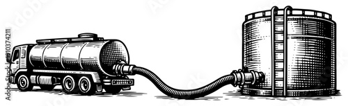 Hand drawn fuel tanker truck connected to industrial storage tank with hose in ink sketch style