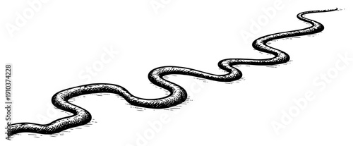 Hand drawn long industrial hose or thick cable snaking across the ground in perspective