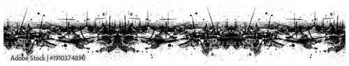 Panoramic dark ink splatter landscape with chaotic drips and sharp lines in industrial style