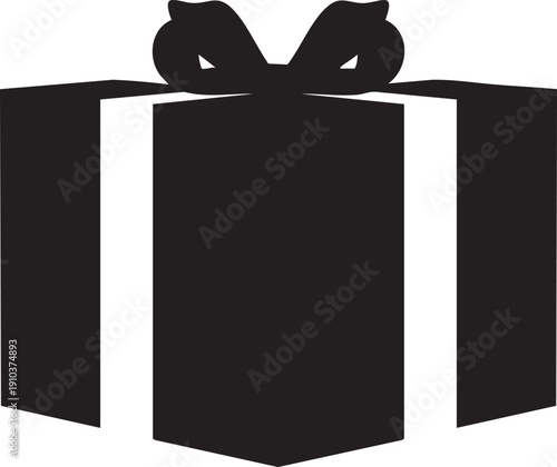 Closed black gift box with simple white ribbon and bow, front facing