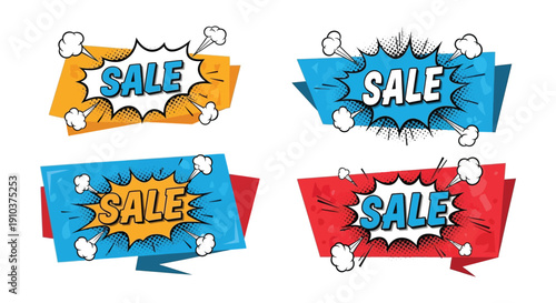 Four colorful comic book style sale banners with dynamic shapes and text ideal for promotions on transparent background silhouette high quality