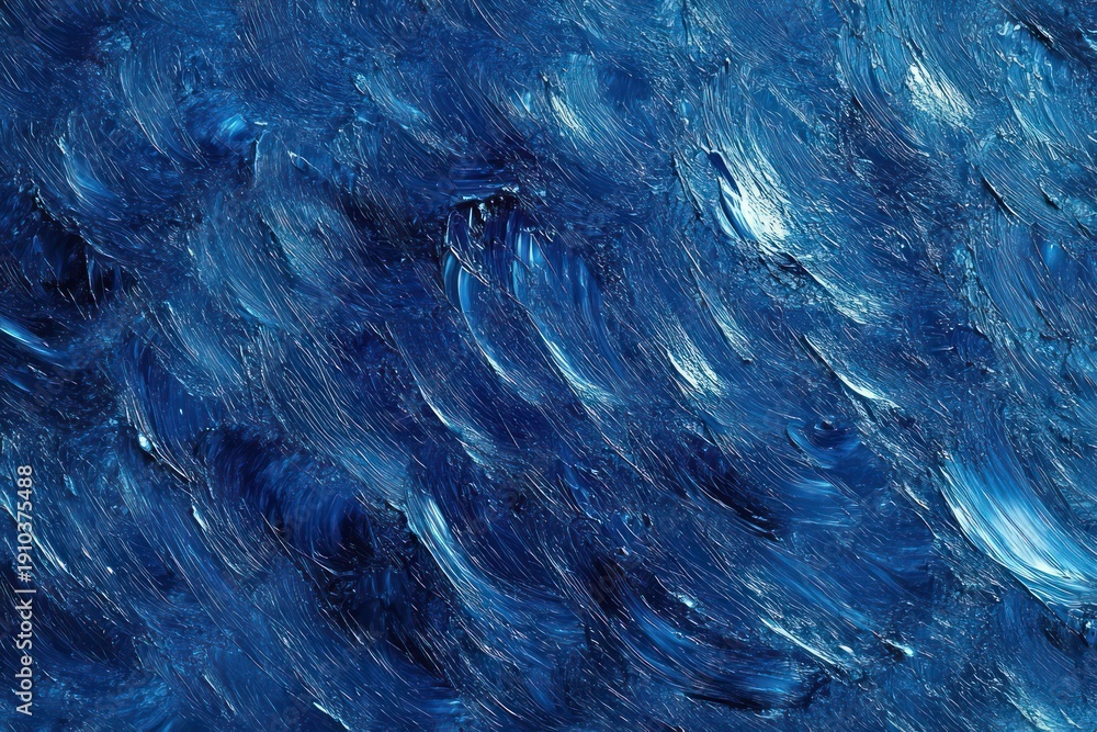 Obraz premium Close-up textured blue oil painting with thick impasto brushstrokes, sweeping swirls and wave-like motion conveying energetic yet calm oceanic emotion
