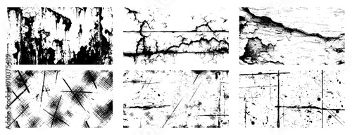 Set of six various distressed grunge textures including cracked patterns and scratched surfaces in engraving style