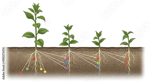 Plant growth stages with colorful roots and soil cross section illustrating development