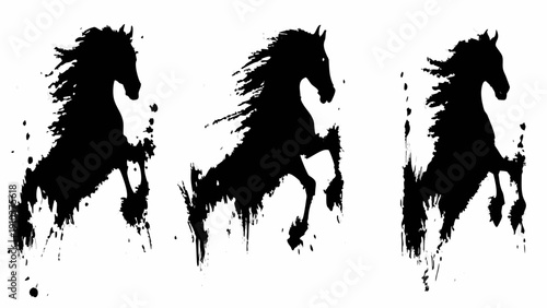 Three black horses depicted in an expressive ink wash style