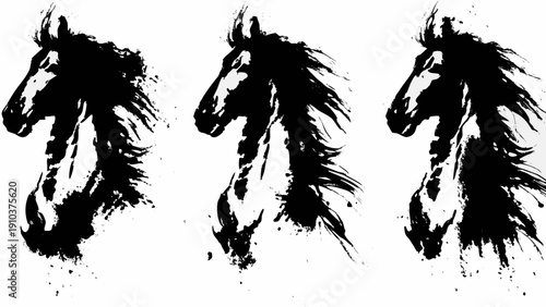 Three abstract horse heads in black and white expressive and dynamic