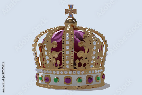 A regal golden crown with a purple velvet cap and jeweled details