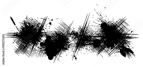 Abstract horizontal background with energetic ink splatters and dense linear crosshatching textures