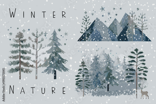 Winter nature scene with snowy mountains trees and a deer