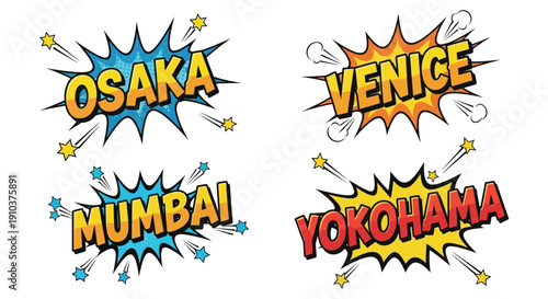 Four comic style city names osaka mumbai venice yokohama with burst effects on transparent background silhouette high quality professional detailed