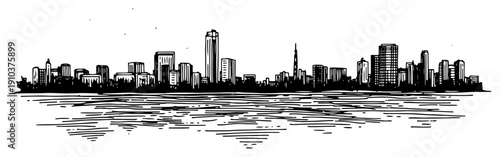 Panorama of a modern city skyline and waterfront in detailed woodcut engraving style