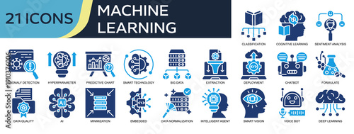 Collection of Machine Learning icons, related to Cognitive Learning, Predictive Chart, Big Data, Intelligent Agent, Data quality and more. Solid icons vector illustation.