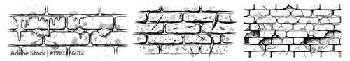 Collection of damaged brick wall textures with cracks and ruins in engraving art style