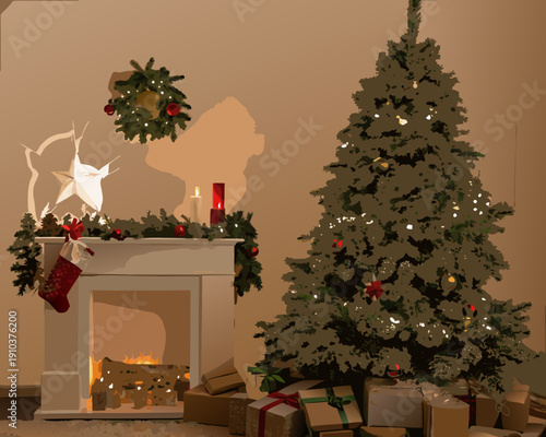 Festive christmas scene with a decorated tree fireplace and gifts