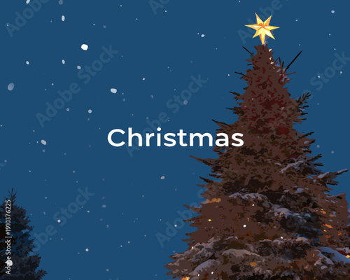 Pixelated christmas tree illustration against a dark blue starry night