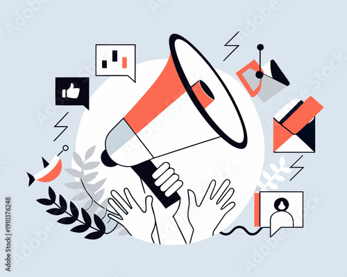 Illustration of a megaphone with hands and social media icons