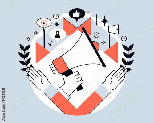 Social media promotion with hands megaphone and various notification icons
