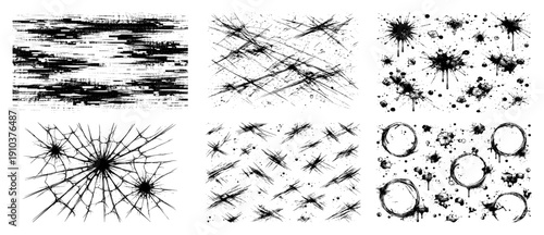 Set of six diverse grunge textures featuring broken glass ink splatters and weathered scratches