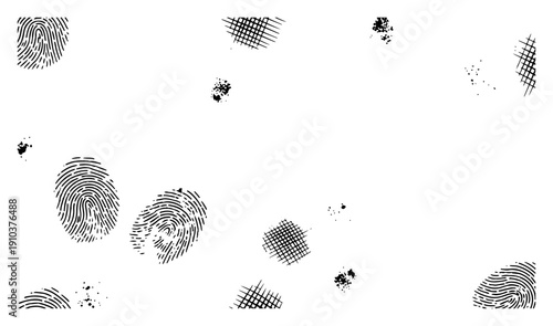 Set of forensic fingerprints and cross hatched ink marks in detailed engraving style