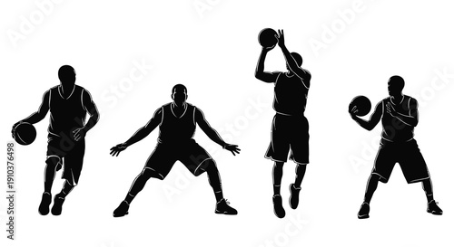 A dynamic sequence of four basketball players in action showcasing various poses on transparent background silhouette high quality professional detailed modern