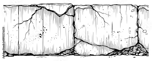 Horizontal stone wall section with vertical cracks and rubble in hand drawn style