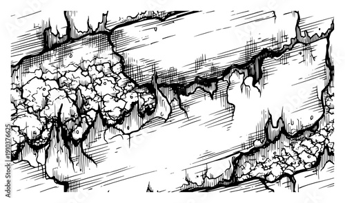 Detailed hand drawn engraving of a crumbling concrete wall with deep cracks and decay