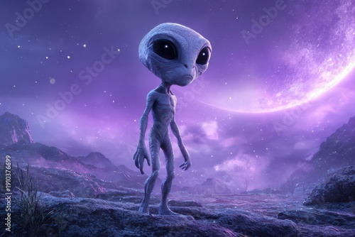 Small extraterrestrial creature beneath a lavender sky on a violet world, concept art
