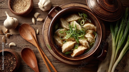 Wallpaper Mural Fresh Dumplings with Garlic and Green Onion in a Rustic Wooden Bowl on a Rustic Table Surface Torontodigital.ca