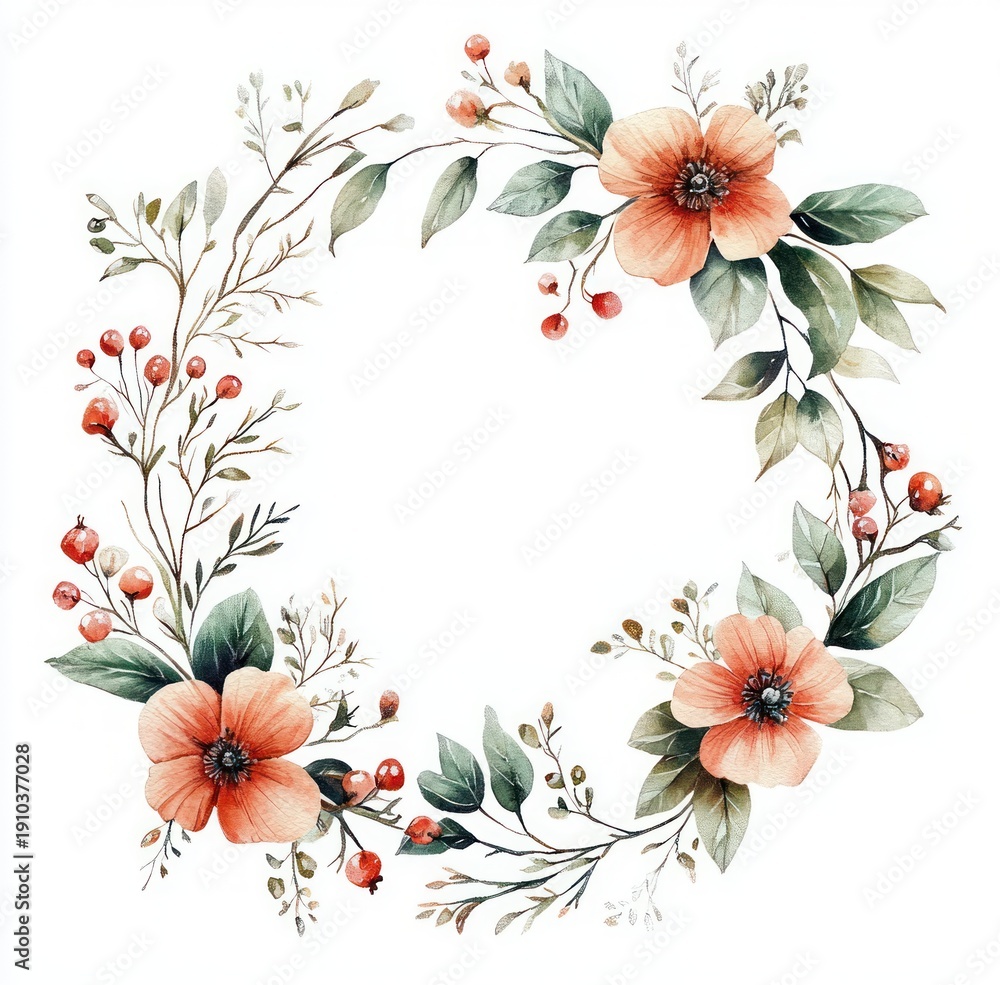 Obraz premium delicate circular watercolor wreath of peach flowers, green leaves, red berries and slender branches conveying an elegant romantic botanical frame