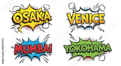 Comic style city names osaka venice mumbai yokohama in speech bubbles dynamic design on transparent background silhouette high quality professional detailed modern
