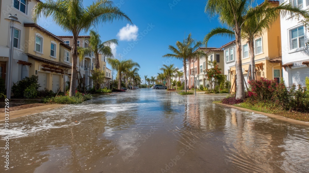 Fototapeta premium Tranquil Neighborhood Scene with Water Reflection and Lush Palm Trees Under Bright Blue Sky