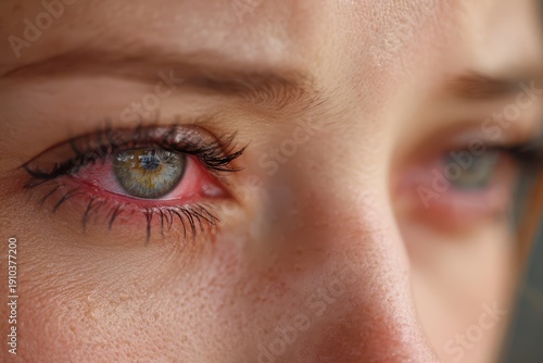 Soft lighting close-up of a woman's irritated eyes and tearful expression