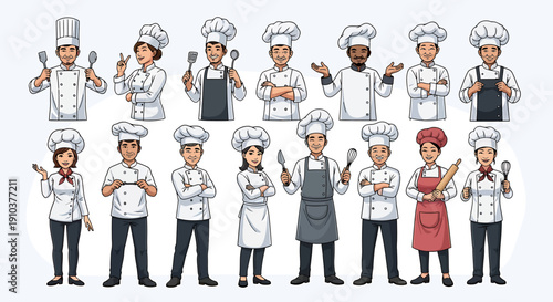 Diverse professional cartoon chefs and cooks with various kitchen utensils, showcasing culinary skills for food service and restaurant designs