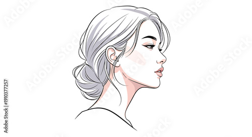 Profile of a young woman with elegant updo, delicate features, and soft, artistic linework