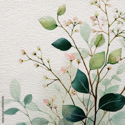 Soft watercolor shrub with pastel greens and pink blossoms in a serene garden scene