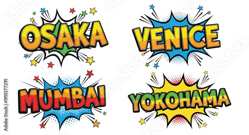 Colorful comic style text displaying city names osaka mumbai venice yokohama on transparent background silhouette high quality professional detailed modern elegant stylish