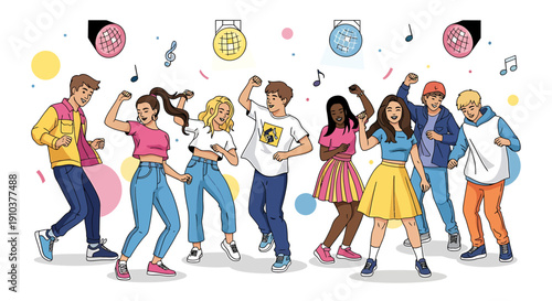 Energetic young friends joyfully dancing at a vibrant modern disco party. Colorful spotlights and music notes create a lively scene, embodying youthful celebration and social fun