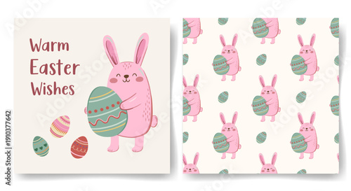 Easter card and seamless pattern with easter bunny with egg in playful hand drawn style. Cute holiday backgrounds