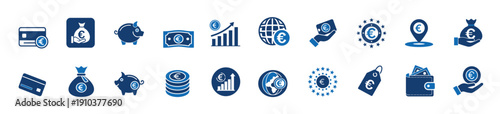 Euro currency and financial credit card 20 icon set, money savings investment and banking symbol, business growth and global payment vector illustration with editable stroke.