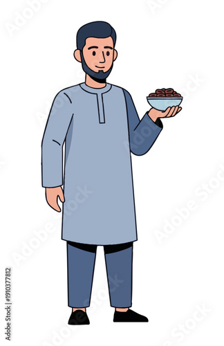 Vector illustration of a Man in traditional attire offering a bowl of dates with a warm smile